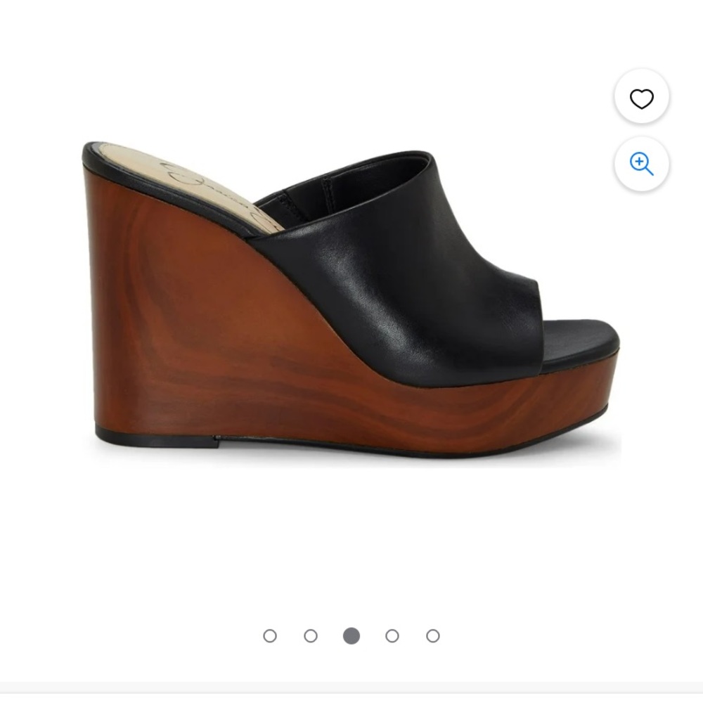 Jessica Simpson Black Leather Open-Toe Wedge Sandals with Wood-Effect Platform - Picture 4 of 11